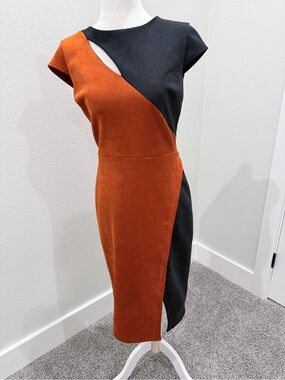Beige by eci Rust and Black Asymmetric Cutout Midi Dress